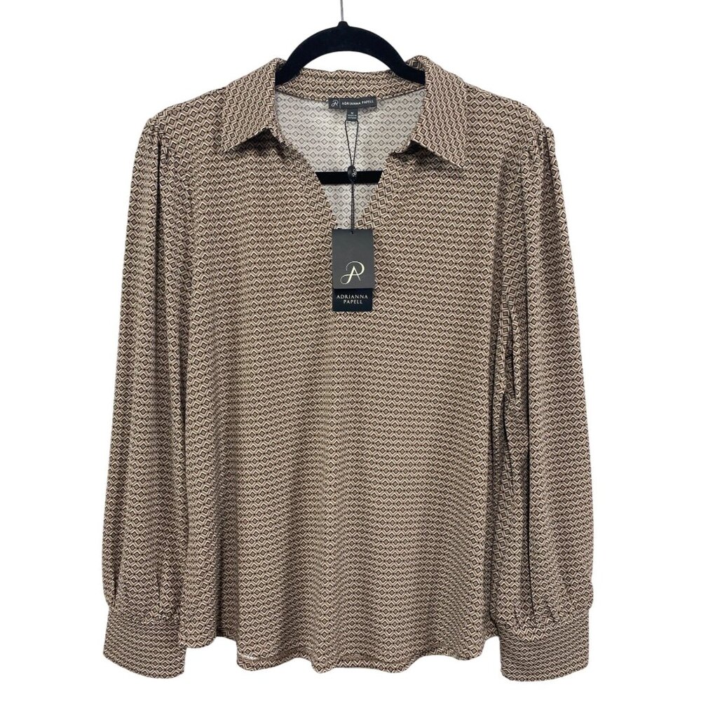 Adrianna Papell Knit Blouse Top Stretch Printed Tan Black White Womens SZ M